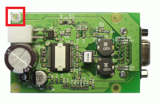 Top view of the controller board. A grounding terminal marked with the red square